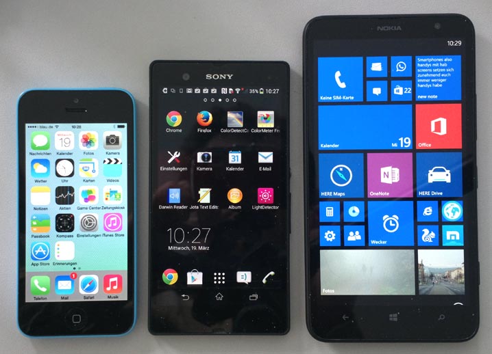 Startbildschirm von iPhone, Xperia Z und Lumia 1320